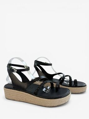 Aerosoles Dolly Sandals Black Leather Strappy Jute Flatform Platform Womens 11 M